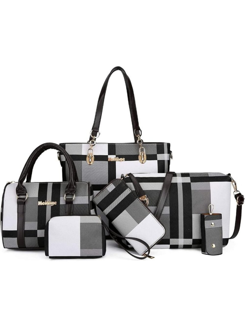 Stylish 6-Piece Leather Handbag Set for Women - Plaid Tote, Purse & Wallet Kit